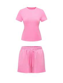 2025 Rave Party Outfit: 2pcs Neon Pink Women's Set | Cropped Sports T-Shirt And Shorts, Casual Sporty Style, Music Festival Essential, Streetwear, European Autumn Fashion, Back To School, Nightclub Attire, Going Out Look - Pink - View 1