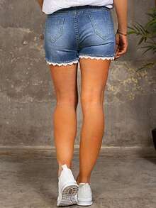 蕾丝边洗水牛仔短裤 - 中藍色 - 查看 5