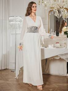 Women's Summer New Waist Gathering Design Dress, Casual Vacation White Flowy Long Dress; Women's Elegant Fashion High-Level Sparkling Sequin Patchwork V-Neck Maxi Evening Dress, Bridesmaid Dress - White - View 5