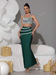 Modphy New Sparkly Rhinestone Strap Top + Long Skirt Sexy 2 Pieces Set, Elegant Ladies Party Holiday Outfit