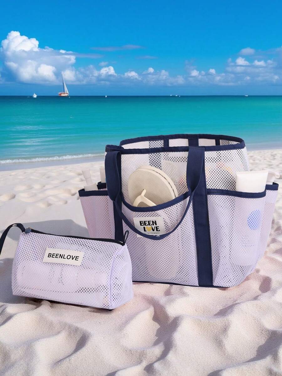 Conjunto de 1 Necessaire de Praia Grande em Nylon com Bolso para Óculos, Tamanhos P/G, Bolsa Tote Portátil com Vários Bolsos, Lavável, Cor Clara, Resistente à Areia, Ideal para Praia, Maquiagem e Cosméticos, Bolsa de Viagem, Bolsa para o Dia a Dia, Lancheira, Presente para o Início do Semestre, Primavera/Início do Verão, Aniversário, Férias, Uso Diário, Feriados, Dia das Mães, Bolsa, Necessaire de Maquiagem, Item Essencial para Viagem - Roxo Malva - Ver 1