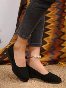 Sapatos Femininos Tipo Slip-On Flat, Sola de Borracha Bottom Macio, Sapatos de Escritório, Calçado para Trabalho, Sapatos de Pano Pretos