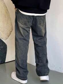 1pc Men's Casual Wide-Leg Straight Loose Washed Denim Long Jeans, Versatile Japanese Style