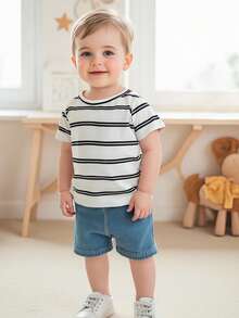 Conjunto de 4 camisetas de verano para bebé, holgadas, lisas/a rayas, cuello redondo, manga corta - Colores mixtos - Ver 3