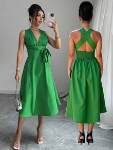 Women Cross Back Solid Color Belted Summer Dress - Green - View 7