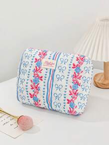1PC Blue Striped Flower Makeup Bag, Quilted Portable Toilet Bag, Makeup Bag, Large Capacity Storage Bag, Suitable For Wallet, Lipstick, Sanitary Napkins, Pads, Coins, Keys, Earphones, Earphones And Accessories, Travel Storage Bag, Earrings, Bracelets, Necklace, Glasses, Sunglasses, Suitable For Women, Girls, Teenagers, Candy, Nurses, Female Students, Students, Gifts. Cosmetic Bag