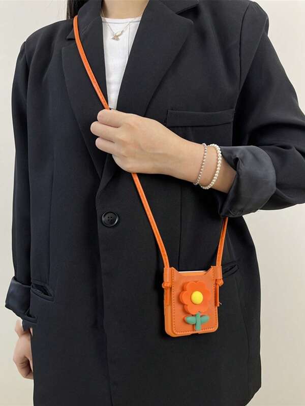 Luxury Crossbody Lanyard Necklace Card Holder Flower Orange Phone Case Compatible With Samsung Galaxy Z Flip 5 6 Z Flip6 ZFlip 5 Zflip6 Zflip5 Shockproof Back Cover