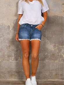 蕾丝边洗水牛仔短裤 - 中藍色 - 查看 3