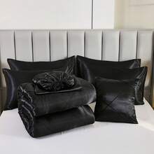 Black Satin Queen Comforter Set With Sheet Set Silk Like Satin Bedding Set Geometric Plaid Pinch Pleat Luxury Bedding Comforter 8 Pieces Satin Bed Set For Women And Females Bedroom Decor With 1 Comforter  4 Pillowcases 1 Flat Shhet 1 Fitted Sheet 1 Cushion Cover - Black - View 7