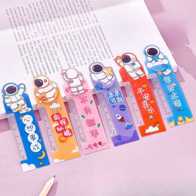 3pcs/6pcs Creative Cartoon Astronaut Bookmarks With Ruler, Cute Bookmarks With Inspirational Words, Random Assortment, Suitable For Students
