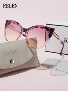 RELEN 1pc ELEN Brand Women Fashion Sunglasses, New Design Cat Eye Luxury Niche Personalized Versatile High Quality Street Style Accessories, Includes Eyeglasses Case And Cloth, Suitable For Beach, Outdoor, Cycling, Vacation, Sun Protection, Stage Performance, Party, Gathering - Multicolor - View 18