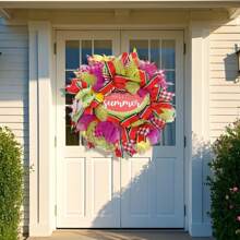 24 Inch Watermelon Summer Wreath For Front Door - Farmhouse Deco Mesh With Faux Fruit Slices - UV-Resistant Design, Red - Green Rustic Welcome Decor For Porch, Mother'S Day, And Independence Day