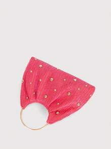 Fashionable Women's S Handbag With Rivet Decor Ruched Straw Bag Woven Purse Summer Top Handle Bag - Hot Pink - View 4