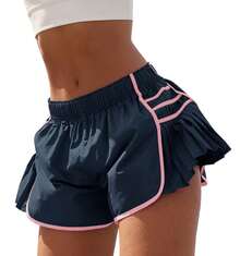 Women's Workout Shorts - Lightweight Quick Dry Gym Running Shorts With Pleated Contrast Stitch | High Waisted Athletic Shorts, Yoga Tennis Volleyball, Plus Size, Summer Activewear - 藏蓝色 - 查看 1