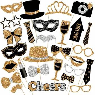 30pcs Black & Gold Photo Booth Props, Photo Box Accessories, Party Photo Booth Decor For Wedding, Dining Table Decor, Birthday, Theme Carnival, Party Decoration, Gathering And Any Photo Event, Our Party Photo Props Will Create A Fun Party Atmosphere.