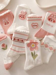 3pairs/Set Women's Pink Lace Cartoon Rabbit Design Mid-Calf Socks, Cute & Versatile, Ideal For Daily Wear - Multicolor - View 4