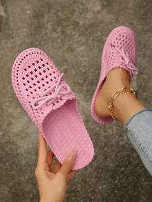 新款时尚透气舒适女士塑料拖鞋，夏季休闲防滑纯色镂空可爱绑带凉鞋，软底轻便防水拖鞋，沙滩装 - 粉色 - 查看 2