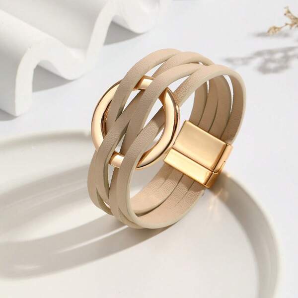 1pc Simple Circle Alloy & Leather Cord Bracelet, Boho Multilayer Bangle Wrist Strap For Women