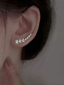 1 Pair European & American Style Edgy Lined Floral Ear Clip Earrings, Minimalist Star Design Lightweight Luxurious Ear Studs Jewelry Valentine's Day Accessories - Silver - View 4