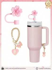 2pcs/Set Cup Accessories - Pink Letter Cup Markers & Silicone Hibiscus Flower Straw Lids, Reusable 10mm Diameter Straws With Cute Letter/Butterfly Decorations For Modern Minimalist Glass Cups, Back To School Supplies