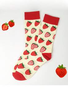 Calcetines de mujer de media pantorrilla con diseño de fresa - Diseño de fruta - Multicolor - Ver 1