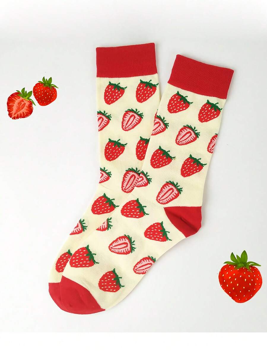Calcetines de mujer de media pantorrilla con diseño de fresa - Diseño de fruta - Multicolor - Ver 1
