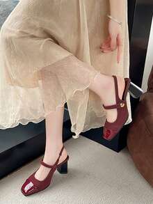 勃艮第复古法式玛丽珍高跟鞋，2025年春季新品，独特方头粗跟露背系带鞋，复古小皮鞋，女士浅口鞋 - 酒紅色 - 查看 10