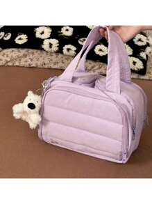 Bolsa de cosméticos de tela suave y esponjosa con cremallera, bolsa de aseo de gran capacidad de unicolor simple para maquillaje, uso doméstico, viaje y uso diario