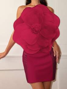 Women 3D Floral Embellished Sequin Strapless Party Dress, Spring Outfits For Party, Cocktail Dinner Date, Valentine's Day, Prom Dress - Red - View 1