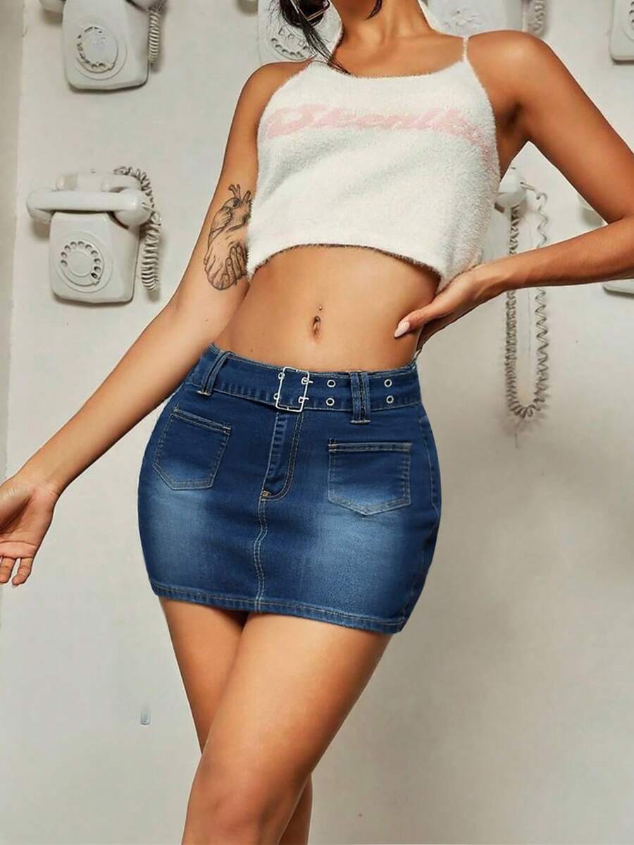 Women's Y2K Elastic Denim Mini Skirt With Belt - Dark Wash - View 1
