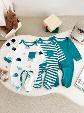 BrownBark 恐龙主题绿色条纹连体衣三件套 - 长袖连体衣，舒适的男婴户外服装