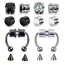 10 件磁性耳环和鼻夹套装 - 防过敏不锈钢，镶嵌锆石、珍珠和宝石，包括耳钉、环圈和杠铃款式，环圈耳环 - 磁吸耳夾套裝 - 查看 1