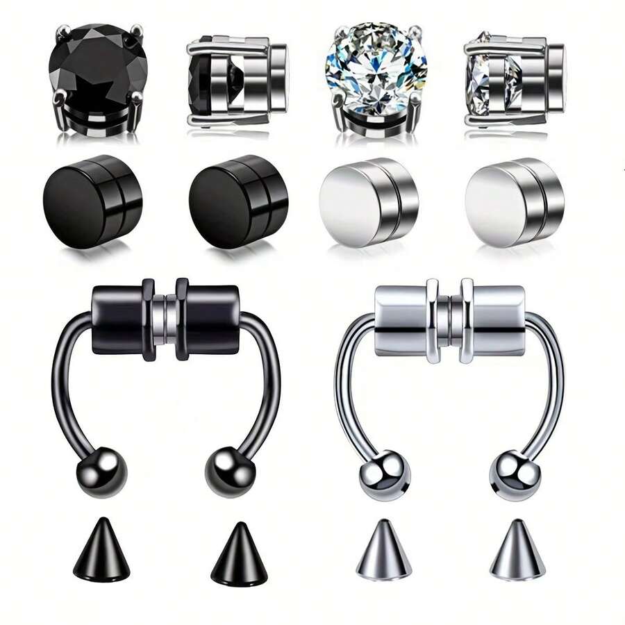 10 件磁性耳环和鼻夹套装 - 防过敏不锈钢，镶嵌锆石、珍珠和宝石，包括耳钉、环圈和杠铃款式，环圈耳环 - 磁吸耳夾套裝 - 查看 1