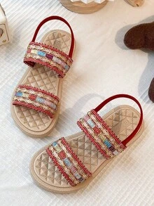 1双适合3-12岁女孩的串珠凉鞋 | 闪亮的彩色设计和红色绑带 | 柔软舒适的夏季儿童鞋，时尚活泼的休闲鞋 | 户外海滩度假派对