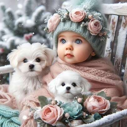 1 件套圆形钻石画套装 - 婴儿和狗狗主题，全钻钻石艺术，帆布 DIY 马赛克工艺套装，包含笔、胶水、托盘、钻石珠。适合钻石画爱好者、家居墙面装饰礼品、儿童益智玩具、减压