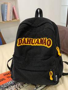 1 Pc New Style Girls' And Boys' Solid Color Letter Print Corduroy Backpack, Spacious Capacity, Adjustable Straps, Zipper Closure, Fashionable And Casual For School, Outdoor Activities, Travel, And Friend Gifts - A - View 11