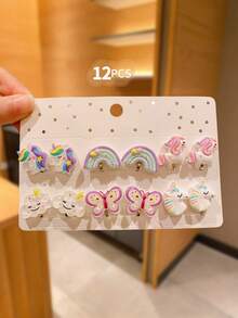 12 件可爱彩色夹式耳环，女孩无穿孔耳环配饰