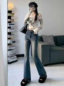 女式休闲日常水洗斜口袋喇叭牛仔裤 - 中等水洗藍 - 查看 5