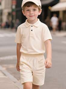 Young Boy 2pcs/Set Solid Color Short Sleeve Polo Shirt And Shorts, Casual Summer Outfit