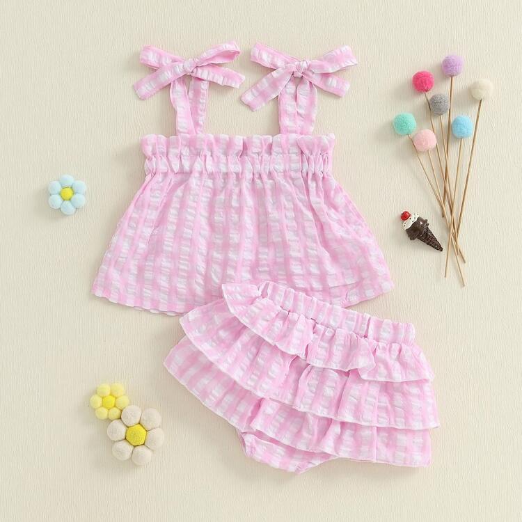 Newborn Baby Girls Summer 2pcs Outfit Plaid Tie Shoulder Sleeveless Ruffle Camisole Crop Top + Elastic Waist Shorts Set - 粉色 - 查看 4