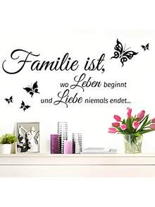 1 Stück Wandtattoo mit inspirierendem Zitat, schwarze PVC selbstklebende abnehmbare motivierende Wandaufkleber mit schönem Schmetterling-Wandaufkleber, Spiegelaufkleber mit inspirierenden Worten "Familie ist, wo das Leben beginnt und die Liebe niemals endet", Vinyl-Aufkleber für Heimdekoration, Frühlingsdekoration, um Ihr Zuhause aufzufrischen, Festdekoration, Geschenke, Geburtstag, Abschluss, personalisierte Aufkleber