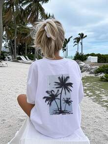 女式夏季椰子树图案圆领短袖 T 恤，休闲宽松百搭假日风格上衣，时尚夏装适合日常假日穿着