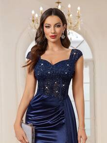 MIUSOL Vestido Largo de Fiesta, Gala, Formal y para Invitada de Boda con Cuello de Corazón Satinado, Abertura Lateral y Drapeado, con Encaje y Lentejuelas Florales - Azul Marino - Ver 10
