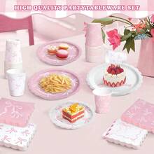 10/20/50/100pcs,Black Bow Plates And Napkins Cups Tableware Sets For Coquette Birthday Decorations, Black Birthday Party Supplies Bow Birthday Decorations - Pink - View 5