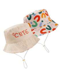 1pc Kids "Cute" Letter Print Reversible Bucket Hat, Unisex Daily Wear Sun Ion Bucket Hat - Beige - View 8