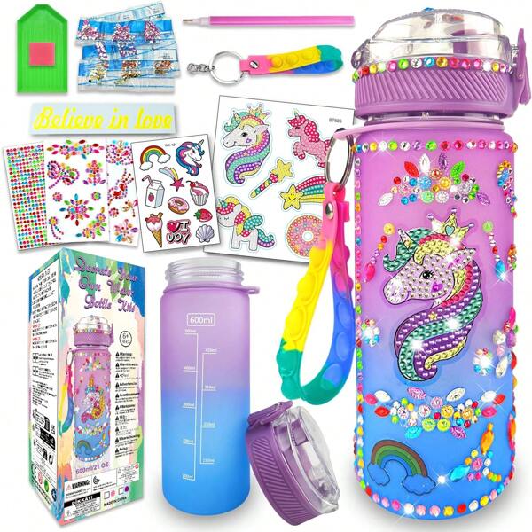 Set de bouteilles d'eau décoratives pour filles, convient aux enfants de plus de 6 ans, cadeau/jouet amusant pour l'artisanat, artisanat de peinture de pierres précieuses, cadeau/jouet intéressant pour l'artisanat pour l'anniversaire des filles