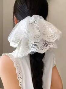 1pc Cute Lace Flower Decor Scrunchie, Premium Floral Print Double-Layer Hair Tie Ponytail Holder