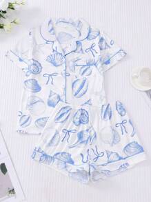 2pcs/Set Women's Ocean Shell Print Pajamas Set, Short Sleeve Shirt With Collar & Button, And Elastic Waist Shorts, Suitable For Holiday Party, Casual Everyday Indoor & Outdoor Wear