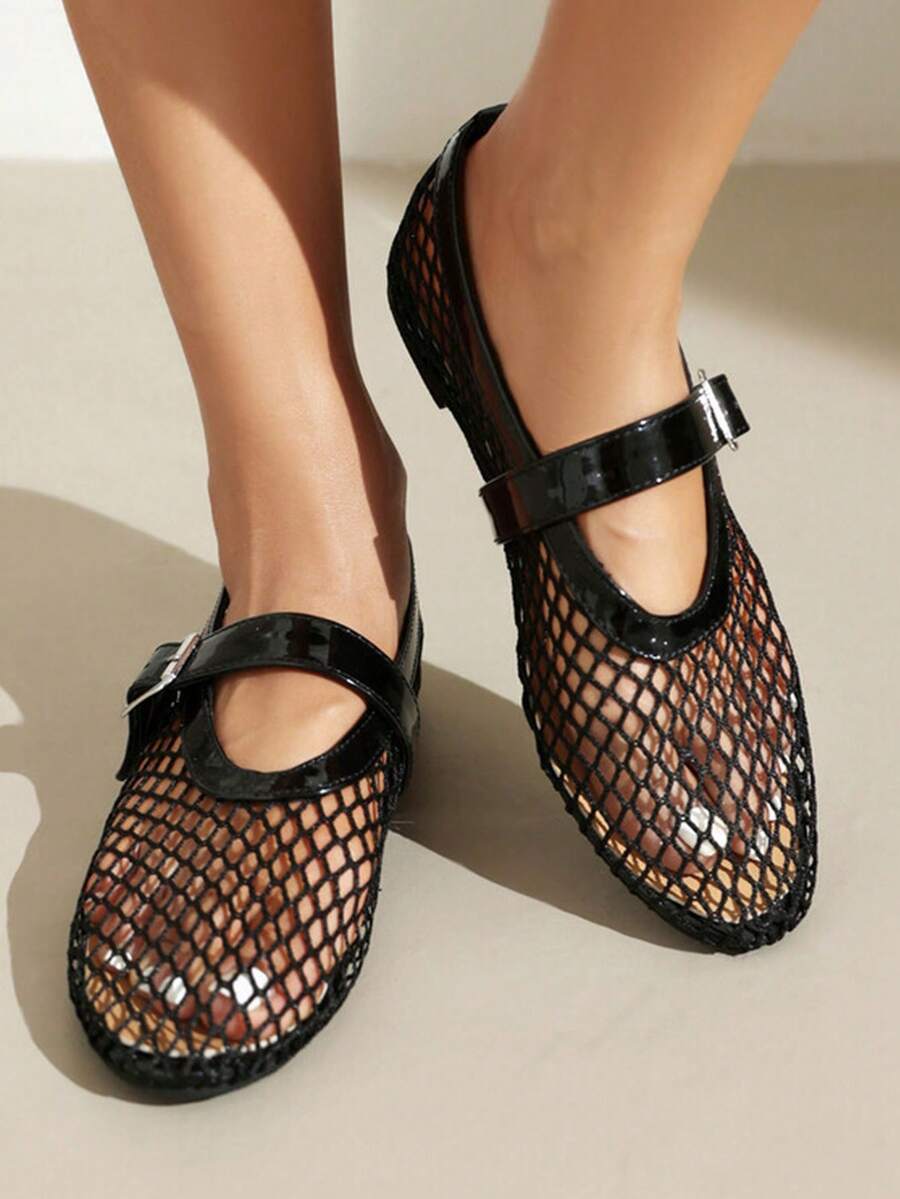 Women Ballet Flats Sandals Slip On Mesh Buckle Mules Casual Comfy Beach Vacation Fishnet Ballerina Shoes Woman - màu đen - Xem 1