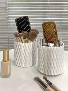 1pc 360° Rotating Makeup Storage Box, Large Capacity Makeup Brush Holder With Dividers, Suitable For Brushes, Lipsticks, Eyebrow Pencils And Eye Shadows, White/Grey Plastic, Convenient For Vanity Or Bathroom,For Holiday Beach, Bathroom Collection, Bedroom Collection, Large Capacity